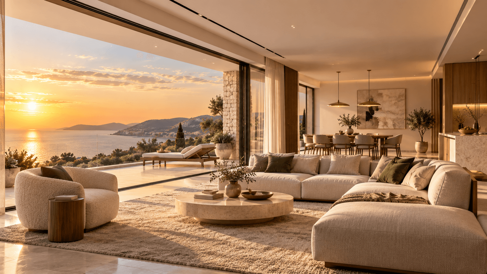 Séjour contemporain aménagé, canapés clairs et table en pierre, grande baie ouverte sur la mer au coucher du soleil