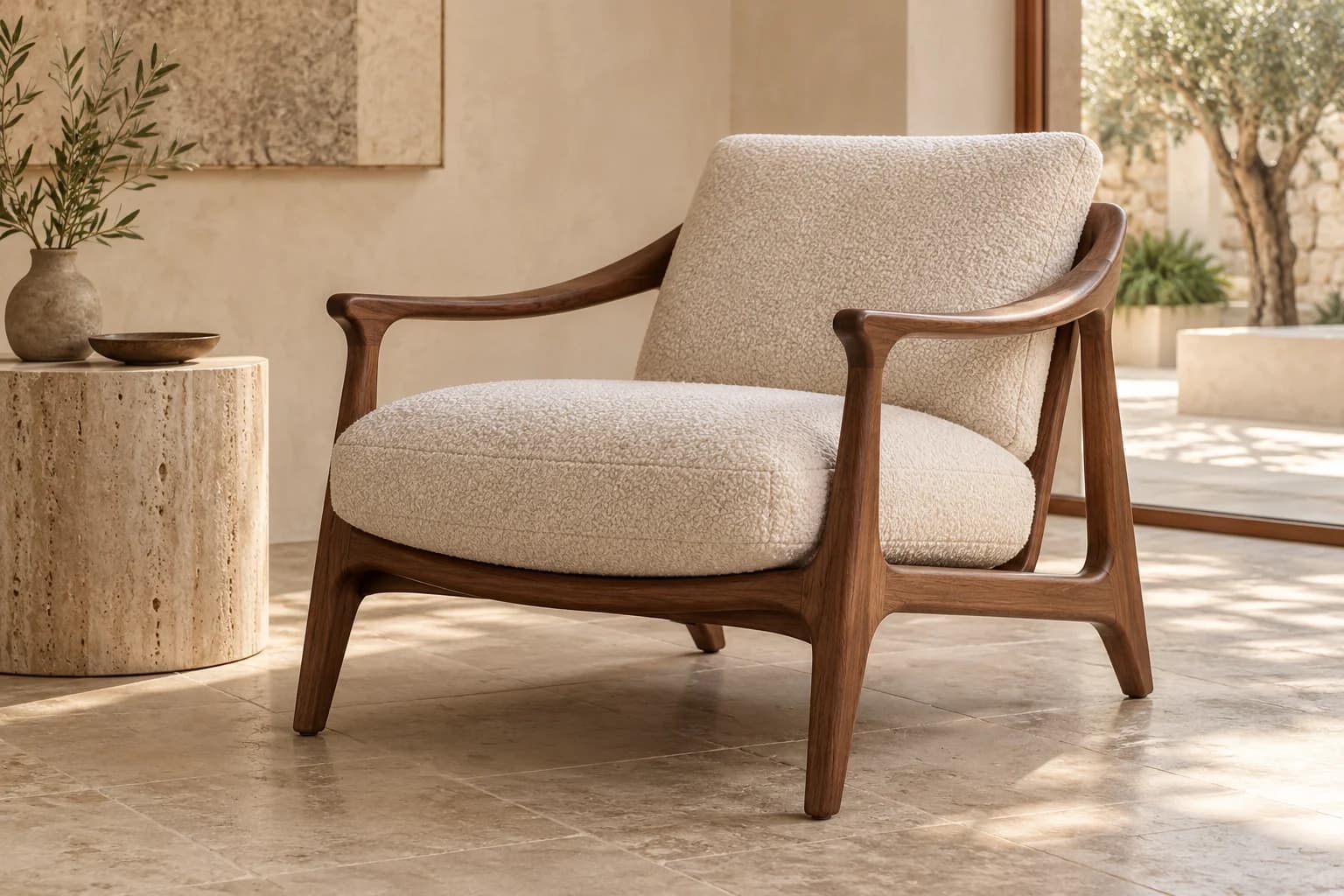 Fauteuil en noyer et tissu bouclé dans un intérieur en pierre