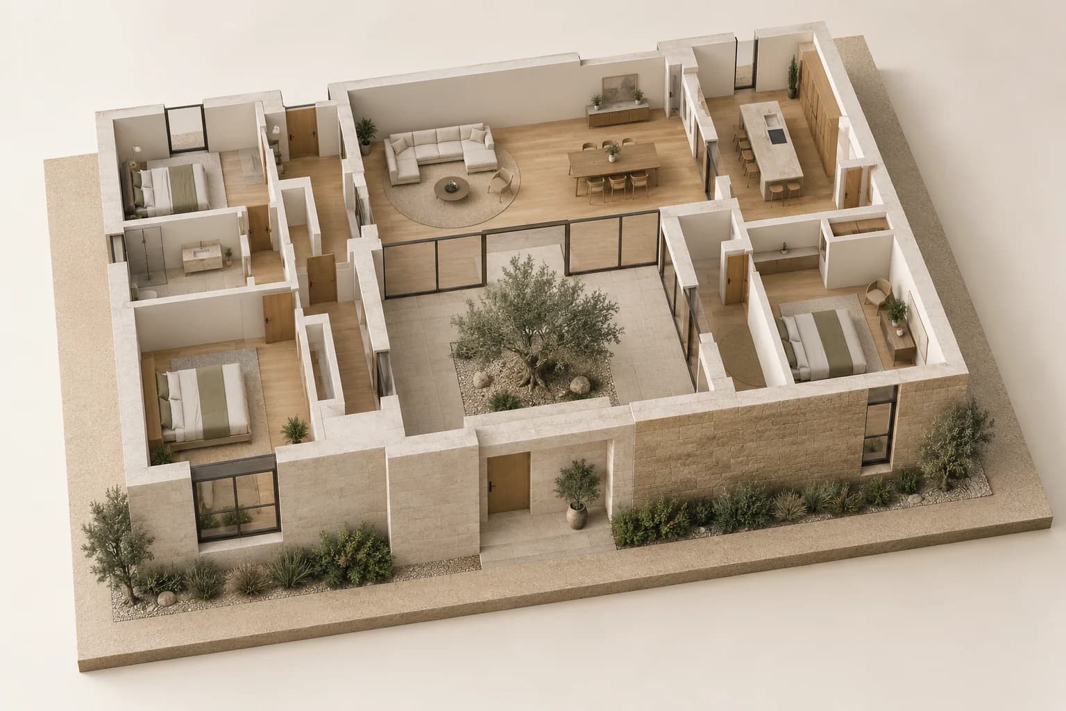 Maquette architecturale en coupe, pièces et ouvertures autour d’un patio